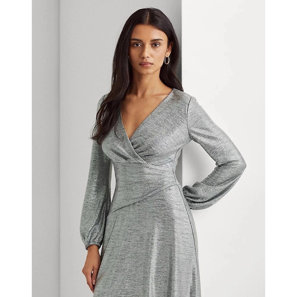 Lauren Ralph Lauren Metallic Silver Grey Cocktail Dress 6 V-Neck Blouson Sleeve
